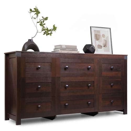 GALAXHERO Farmhouse TV Stand, 63" Wide 9-Drawer Storage Organizer, Wood TV Console for Living Room, Office, for 70 inch TV, Ball Bearing Slide, Brown - Image 1