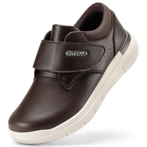 FitVille Diabetic Shoes for Men Extra Wide Comfortable Leather Walking Shoes Hook & Loop Orthopedic Dress Sneakers for Edema and Swollen Feet (X-Wide 12.5, Dark Brown)