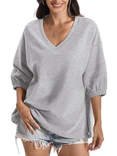 EasyGala Womens Cotton V Neck Sweatshirt 3/4 Sleeve Slouchy Fit Going Out Tops Trendy Side Slit Work Shirt Casual Fall Lightweight Outfits Y2K Winter Clothes 2025 Grey Large - Image 1