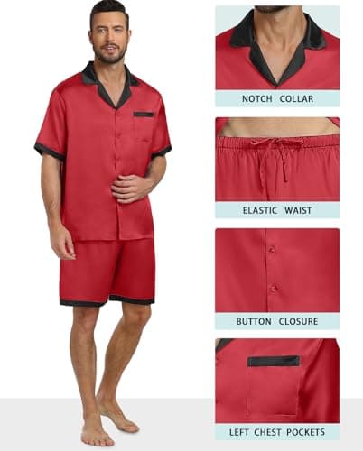 PrinStory Mens Pajamas Set Satin Silk Pajama For Men Sleepwear Shorts Summer 2 Piece Button Down Set Red Black 2XL - Thumbnail 4