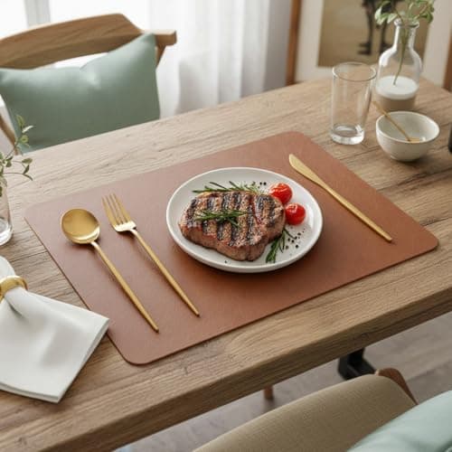 SHACOS Faux Cowhide Leather Placemats Set of 6, Wipeable Heat Resistant Table Mats, Stain Resistant Double Sided Reversible PU Place Mats for Dining Table Kitchen Restaurants, Brown and Blue - Thumbnail 6