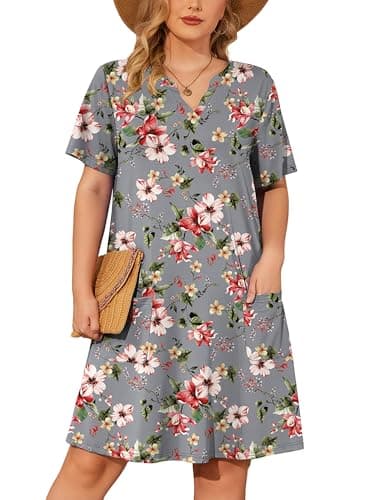 AusLook Plus Size Midi Dress for Women V Neck Short Sleeve Summer Casual Loose Fit Vacation 3X Sundress with Pockets - Image 1