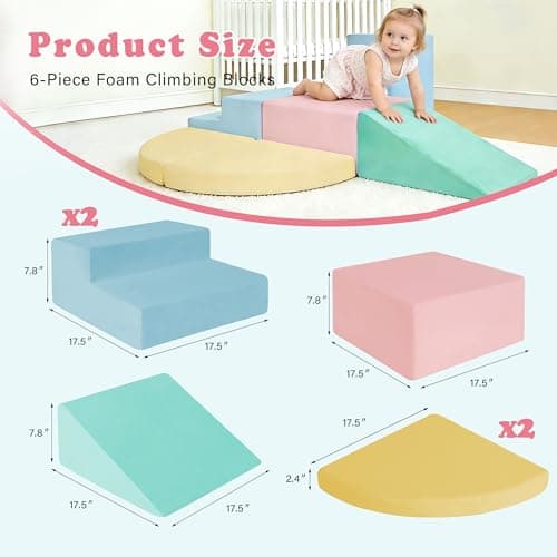 HHH HIKECUCAN Soft Climbing Toys for Toddlers 1-3, 6-Piece Foam Climbing Blocks Set with Washable Cover, Colourful Indoor Active Play Structure for Kids, Modular Crawling and Sliding Gym for Baby - Thumbnail 2