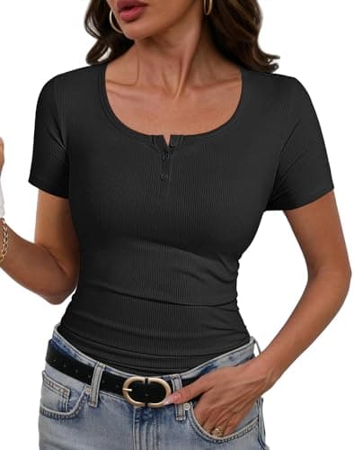 Short Sleeve Henley Shirts for Women Ribbed Tops Scoop Neck Fitted T Shirts Casual 2026 Trendy Summer Dressy Basic Blouse (Black, Medium) - Thumbnail 2