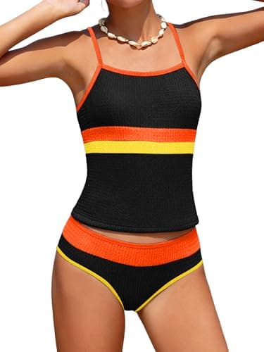 AMAWMW Teen Girls Tankini Swimsuit Quick Dry 2 Piece Bathing Suit for Girls with Chest Pad Kids Swimwear Size 7-16Y, Black, 9-10Y