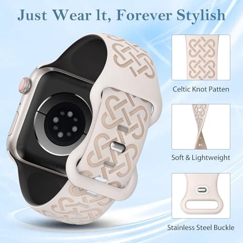 Minyee 2 Pack Engraved Bands Compatible with Apple Watch Band 42/44/45/46/49mm Women, Soft Silicone Two-Tone Celtic Sport Strap for iWatch Series 11 10 9 8 7 6 5 4 SE/Ultra 3 2 1,Starlight/Black/Nude - Thumbnail 2