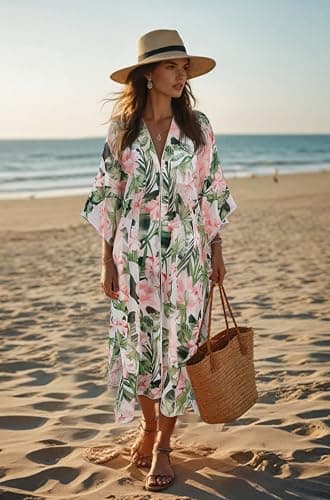 MayBuy Beach Cover Ups for Women Kimonos Boho Swimsuit Chiffon Coverups Long Flowy Swimwear Cardigan Summer Open Front Cover Up (01 White/Leaf, L) - Thumbnail 5