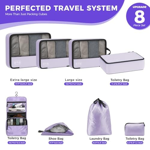 8-Piece Compression Packing Cubes for Travel, Elegant Ultralight Luggage Organizer Set for Women, Space Saving for Carry-On, Suitcase & Vacation Cruise Travel - Purple - Thumbnail 5