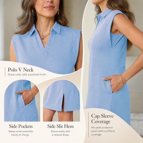 BEXIBOOM Work Dresses for Women Casual Summer Dress, V Neck Collared Shift Dress with Pockets, Cap Sleeve Knee Length Office T Shirt Dress Denim Blue-2XL - Thumbnail 5