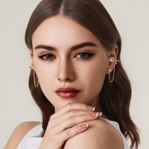 Cicy Bell 18k Gold Ear Cuff Stud Chain Earrings for Women Dainty Tassel Drop Dangle Cubic Zirconia Clip On Climber Crawler Wrap Earrings Jewelry Gifts Birthday Party - Thumbnail 3