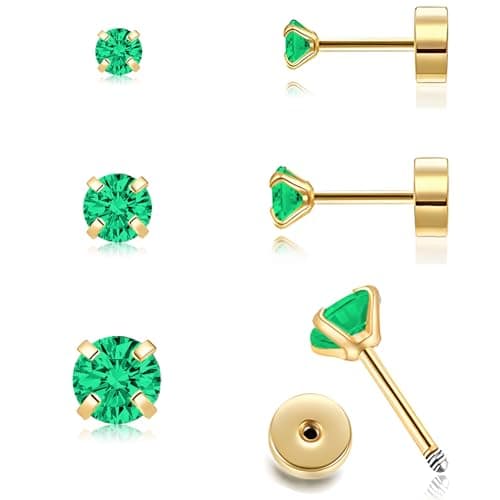 Handmade Tiny Flat Back Stud Earrings: 3 Pairs 14K Gold Plated Screw Flatback 2 3 4mm Cubic Zirconia Earrings Cartilage Piercing Jewelry for Women Helix Tragus Earlobe, Metal, Cubic Zirconia - Image 1