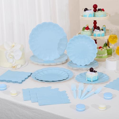 96 Pcs Light Blue Paper Plates and Napkins Blue Party Supplies Serve 24 Guests Include Scalloped Easter Plates Napkins Plastic Forks for Boy Baby Shower Bridal Shower Wedding Birthday - Thumbnail 5