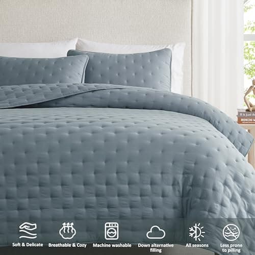 WDCOZY Dusty Blue Cloud King Size Quilt Set, Tan Lightweight Farmhouse Bedspread, Rustic Country Coverlet, Taupe Camel Soft Bedding, Thin Comforter for All Season - 3 Pieces, 104x90 inches - Thumbnail 5