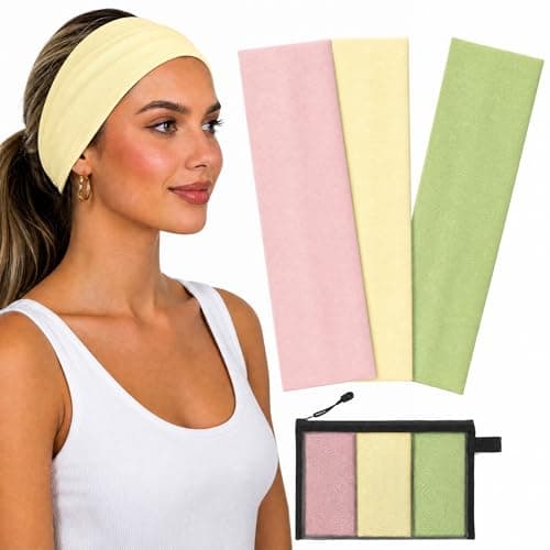 WENNKINN Headbands for Women Non Slip, Soft 95% Cotton Elastic Cloth Hairband for Workout Gym Running Sports, Sweat Wicking Wide Headband, 3 Pack with Bag(Pink, Light Yellow, Green)