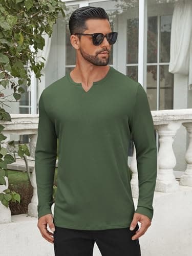 Hardaddy Men's V Neck Long Sleeve Ribbed Casual T-Shirt Classic Basic Solid Tee Shirts Army Green XL - Thumbnail 3