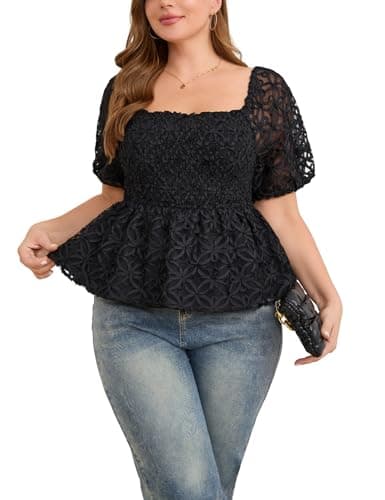 EYWOL Plus Size Tops for Curvy Women Lace Off Shoulder Square Neck Short Sleeve Ruffle Hem Babydoll Tops Black - Image 1