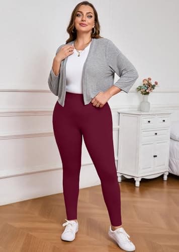 AusLook Plus Size Burgundy Leggings for Women 26 Inch High Waisted Tummy Control 2X Yoga Pants Soft Stretch Workout Lounge Pants - Thumbnail 6