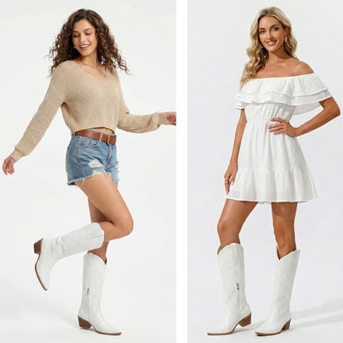 Cozivwaiy Knee high Cowboy Boots Women Embroidered White Tall Boots 1.96 Inch Heels Pull on Cowgirl Boot Pu Leather Western Ranch Boot Country Concert Shoes Zipper Chunky 9 - Thumbnail 6