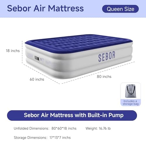 Sebor Air Mattress Queen with Built-in Pump 18", Comfortable Self-Inflating Air Mattress with High-Speed Pump, Durable Blow Up Mattress Queen with Storage Bag for Guests, Camping, Travel - Thumbnail 6