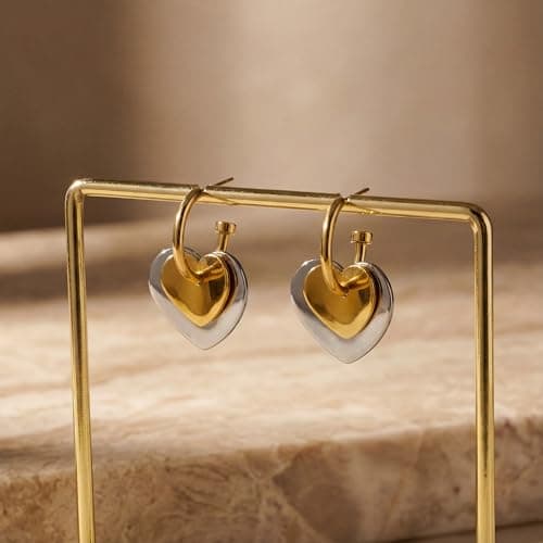 FAMARINE Gold and Silver Heart Hoop Earrings Two Tone Heart Drop Earrings for Women Valentines Earrings Gift - Thumbnail 5