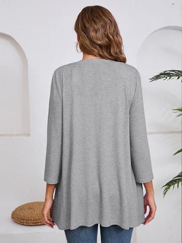 DEARCASE 3/4 Sleeve Open Front Draped Kimono Cardigan Sweater for Women Plain Light Gray XL-Large Lightweight Flowy Ladies Cover Up Trendy Shrug Thin Crop Duster Summer Fall Shawl Cardigans Jackets - Thumbnail 2