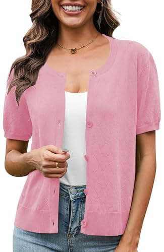 VIISHOW Women's Light Cardigan Sweaters for Summer Open Front Summer Button Up Short Shrugs Pink, Small - Image 1