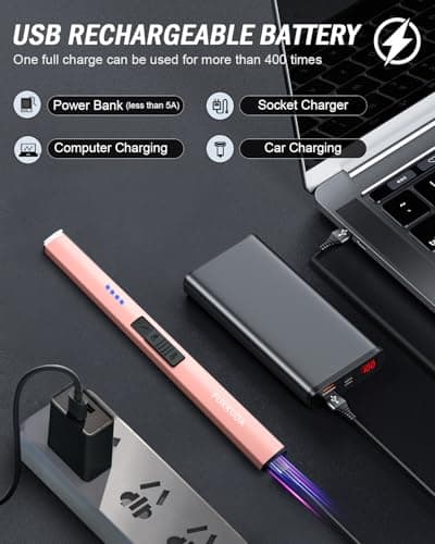 FUKKUDA Electric Candle Lighter with Safety Switch - USB Rechargeable Windproof & Flameless Plasma Arc Lighter for Easter Basket Stuffers (Rose Gold) - Thumbnail 6