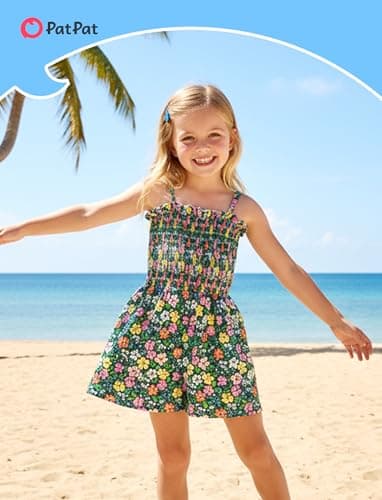 PATPAT Toddler Girl Romper 6T, Black Ditsy Floral Print Adjustable Spaghetti Strap Summer Rompers, Girls Romper 6 Cute Summer Outfits - Thumbnail 2