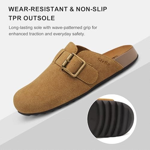 Stelle Suede Clogs for Women Men Potato Shoes with Arch Support Leather Cork Footbed Mules Slip on Home Slippers(Caramel,6) - Thumbnail 5