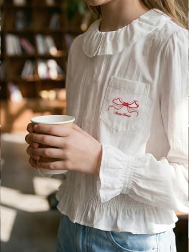Barry Banny Girls White Button Down Shirt Peter Pan Collar White Blouse with Ruffle Hem Uniform Top for 6-7Y - Thumbnail 6