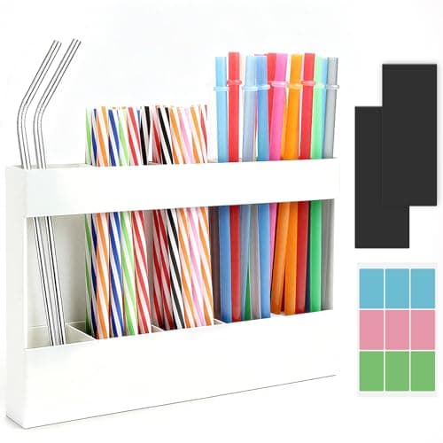 Seaflash Acrylic Straw Holder, Straw Organizer Dispenser with Two Pieces Rubber Magnet Sheets, Drinking Straw Storage Holder for Cabinet Door Fridge Counter Kitchen Office(White)