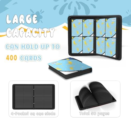 Trading Card Binder 4 Pocket, Card Binder 400 Pockels Card Book Holder Cards with 50 Removable Sleeves, 3-RingZip Design MTG/TCG/Sport Collectible Trading Card Albums Gifls for Boys and Girls (Blue) - Thumbnail 4