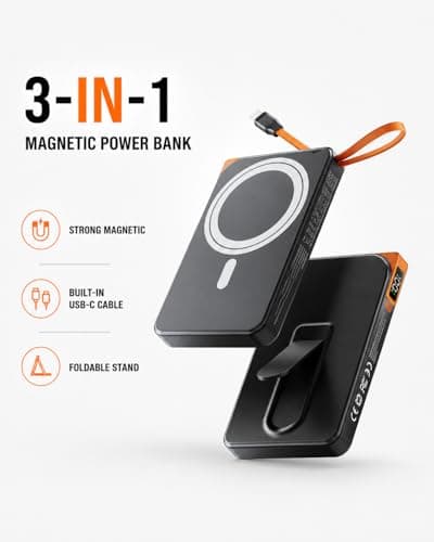 3-in-1 Magnetic Portable Charger with Stand, for Magsafe Power Bank Fast Charging, 10000mAh Wireless Battery Pack with Built in USB C Cable, Powerbank for iPhone17/16/15/14/13/12 Travel & Daily Use - Thumbnail 2