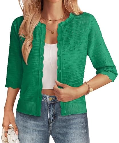GRACE KARIN Womens Short Sleeve Cardigan Sweater, Lightweight Cotton Cardigan Trendy, Dressy Open Front Bolero Shrugs Green - Image 1
