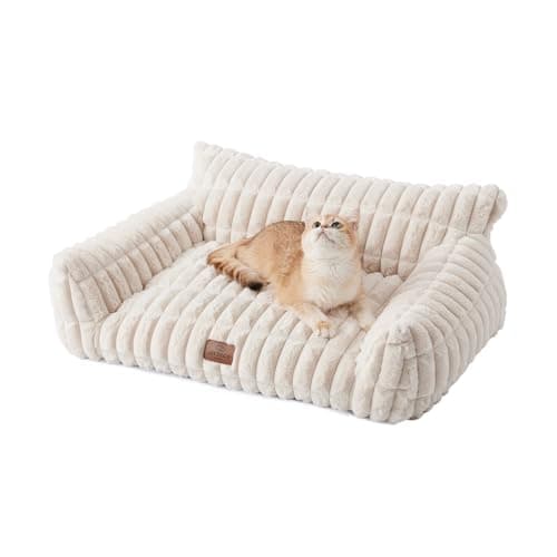 Joydeco Cat Couch for Pets, 24 inch Plush Pet Sofa, Cat Bed for Indoor Cats with Removable Washable Cover, Supportive Pet Sofa, Cream - Image 1