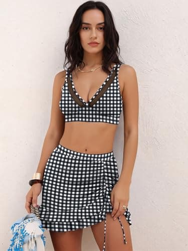 ANRABESS Womens Bikini Skirt Sets High Waisted Two Piece Swimsuits 2026 Summer Tummy Control Mesh Swim Bathing Suits Black Plaid Medium - Thumbnail 2