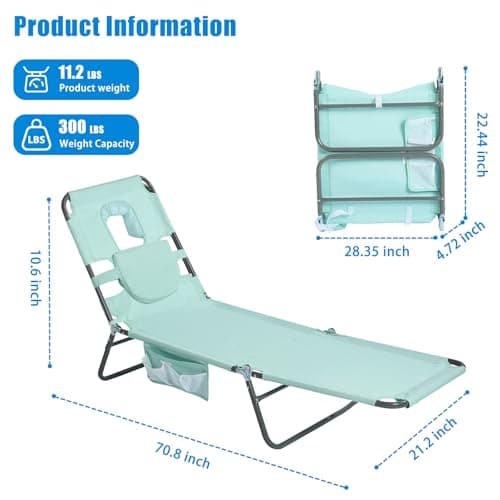 SUNNYFEEL Beach Lounge Chair, Backpack Reclining Beach Chairs Lay Flat, Sun Face Down Tanning Chair, Folding Camping Chairs Portable Camp Cot with Backpack Straps for Outdoor/Picnic/Lawn - Thumbnail 3
