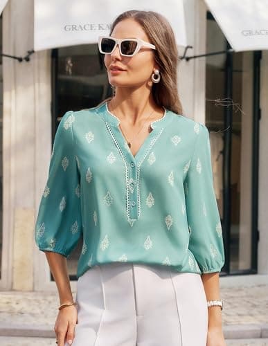 GRACE KARIN Boho Tops for Women Summer, Dressy Casual Floral Blouses, V Neck Button Up 3/4 Sleeve Shirts for Vacation Light Green L - Thumbnail 3