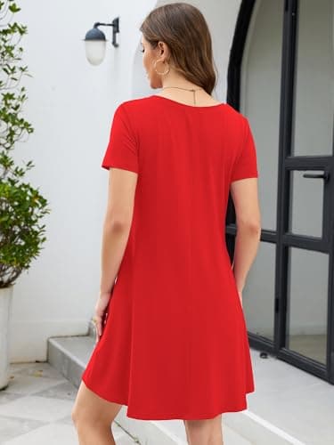 KORSIS Women's Midi Dresses Summer Casual T-Shirt Short Sleeve Criss Cross V Neck Swing Soft Loose Beach Party Vacation midi Soild Dress with Pockets (S-2XL) Red - Thumbnail 6