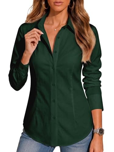 BBIBBI Button Up Shirt Women Blouses for & Button-Down Shirts Office Down Womens Long Sleeve Blouse Wrinkle Free Tops Dark Green Size M - Image 1