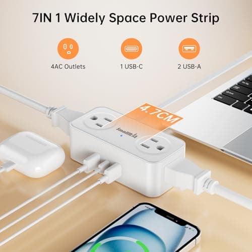 6.5Ft Power Strip with Surge Protector, 4 Outlets 3 USB Ports Extension Cord, Flat Plug Charging Station for Home Office Desk & College Dorm Essentials, White - Thumbnail 2