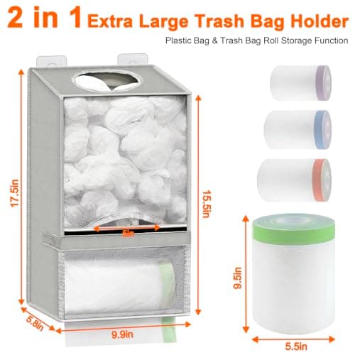 Spaclear Wall Mount Plastic Bag Holder - Large Oxford Cloth Grocery Bag Holder, 2-in-1 Plastic Bags Organizer with Trash Roll Dispenser for Home Kitchen Closet Cabinets Sink, Gray - Thumbnail 2