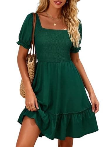 Berydress Green Dress 2026 Vacation Square Neck Short Sleeve Sundress with Pockets Flowy Tiered Smocked Babydoll Boho Casual Dresses(L,6295-Green)