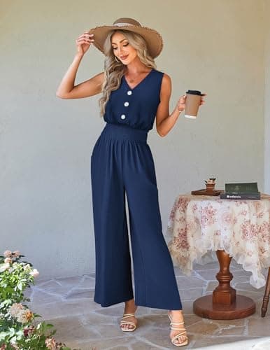LOOKBOHO Women Elegant Jumpsuits Summer Casual Sleeveless Outfits Formal Office Romper V Neck Wide Leg Long Pants(NB,L) - Thumbnail 4