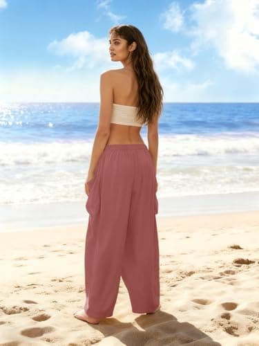 COCOMARTS Womens Linen Wide Leg Palazzo Pants Casual Loose Elastic Drawstring Flowy Pant 2025 Fall Travel Baggy Harem Pants with Pocket Dusty Rose XX-Large - Thumbnail 3