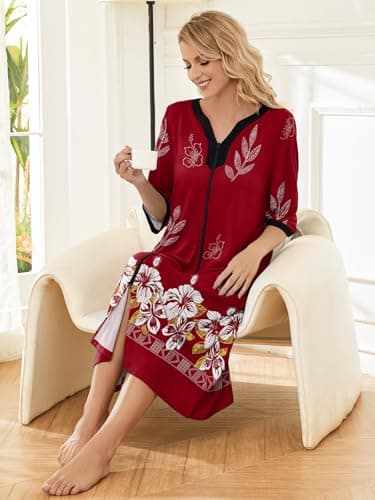 PITINAN Long Duster Housecoat Nightgown Womens Sleepwear Momo Dresses Cotton Short Sleeve Nightshirt Zip Front Bathrobe Nightwear House Dress With Pockets Comfy Lounger Wine Red S - Thumbnail 5