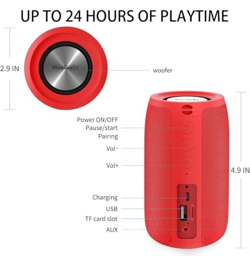 Bluetooth Speaker,MusiBaby Wireless,Outdoor, Waterproof,Portable Speaker,Dual Pairing, Bluetooth 5.0,Loud Stereo,Booming Bass,24H Playtime for Home&Party,Gifts(Pure Red) - Thumbnail 3