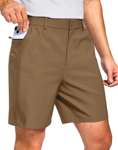 Pudolla Men's Golf Dress Shorts 7"/9" Stretch Casual Work Hybrid Shorts for Men with 3 Pockets Quick Dry Breathable(Deep Khaki 30W x 7L) - Image 1