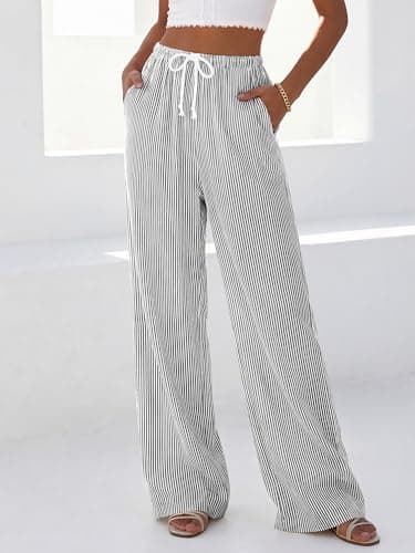 BTFBM Striped Wide Leg Pants for Women Spring Summer 2026 Drawstring Lounge PJ Beach Bottoms Casual Trousers Pockets(Black, Large) - Thumbnail 4