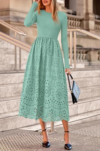 dowerme Women Spring Dresses 2026 Casual Long Sleeve Crewneck A-Line Boho Eyelet Cotton Maxi Wedding Guest Dress Pockets(Light Green,XX-Large) - Thumbnail 4